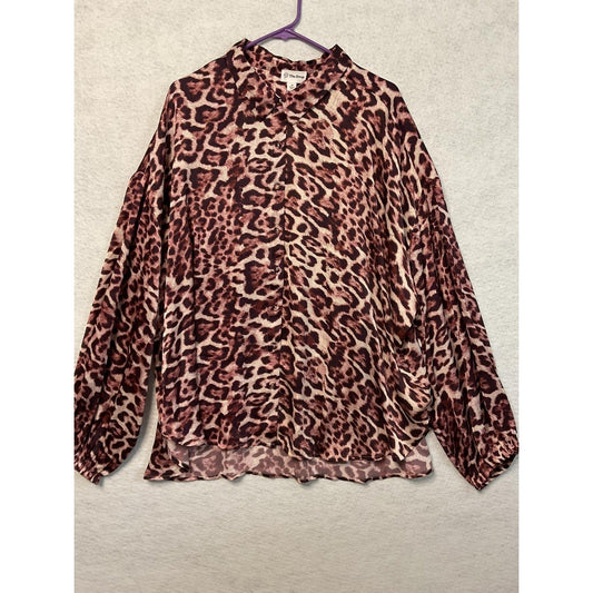 The Drop Blouse Womens 3X Leopard Animal Print Sheer Long Sleeve Button Shirt