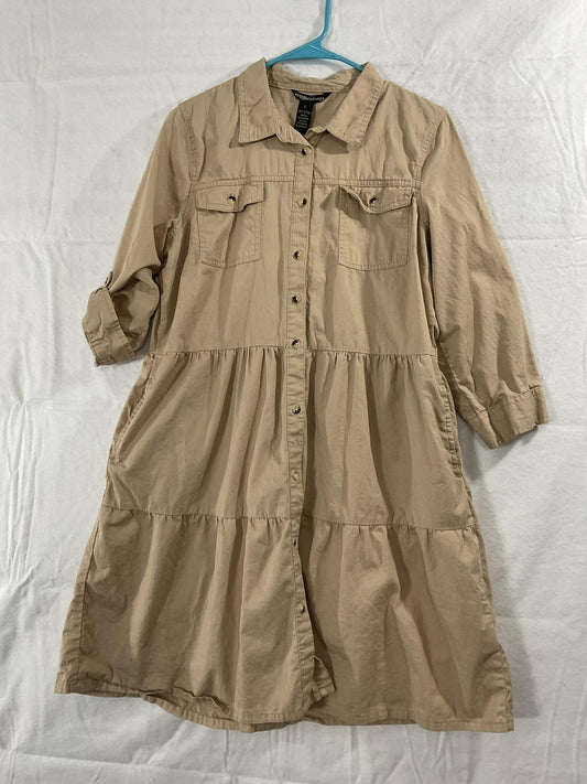 Millennium Dress Womens Large Beige Shirt Dress Button Front Pockets 3/4 Sleeve