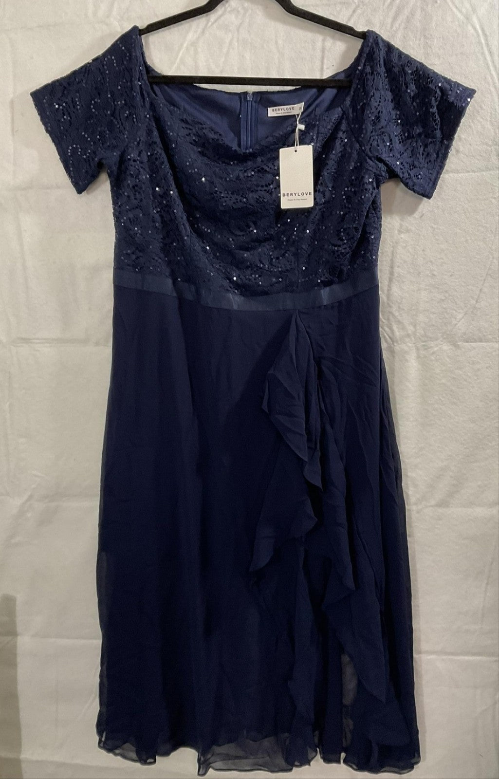 Berylove Dress Womens 2XL Navy Blue Sequin Lace Off Shoulder Maxi Gown New