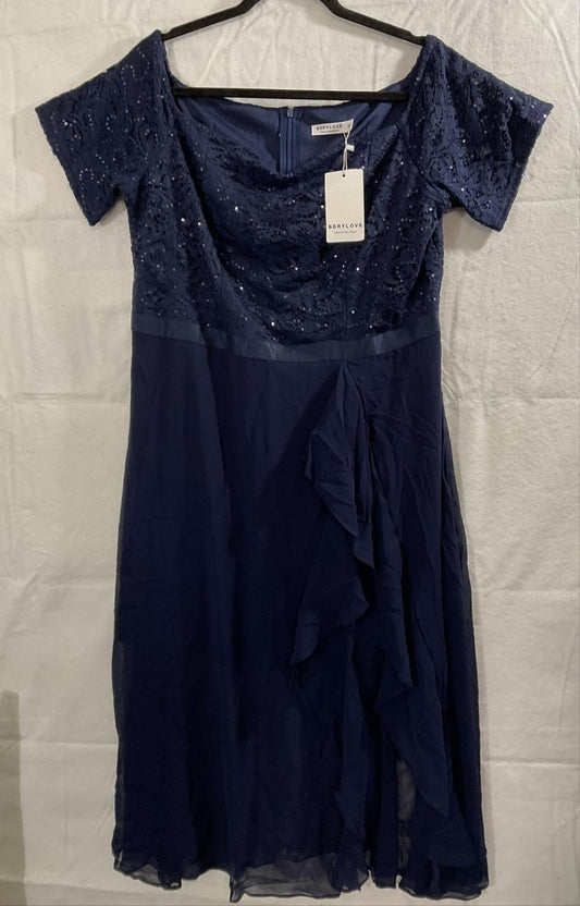 Berylove Dress Womens 2XL Navy Blue Sequin Lace Off Shoulder Maxi Gown New