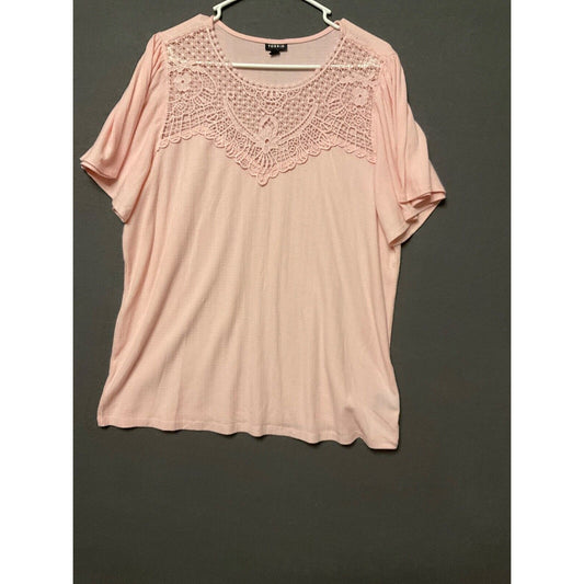Torrid Lace Yoke Top 1X Pink Ribbed Knit Stretch Short Sleeve Boho Preppy