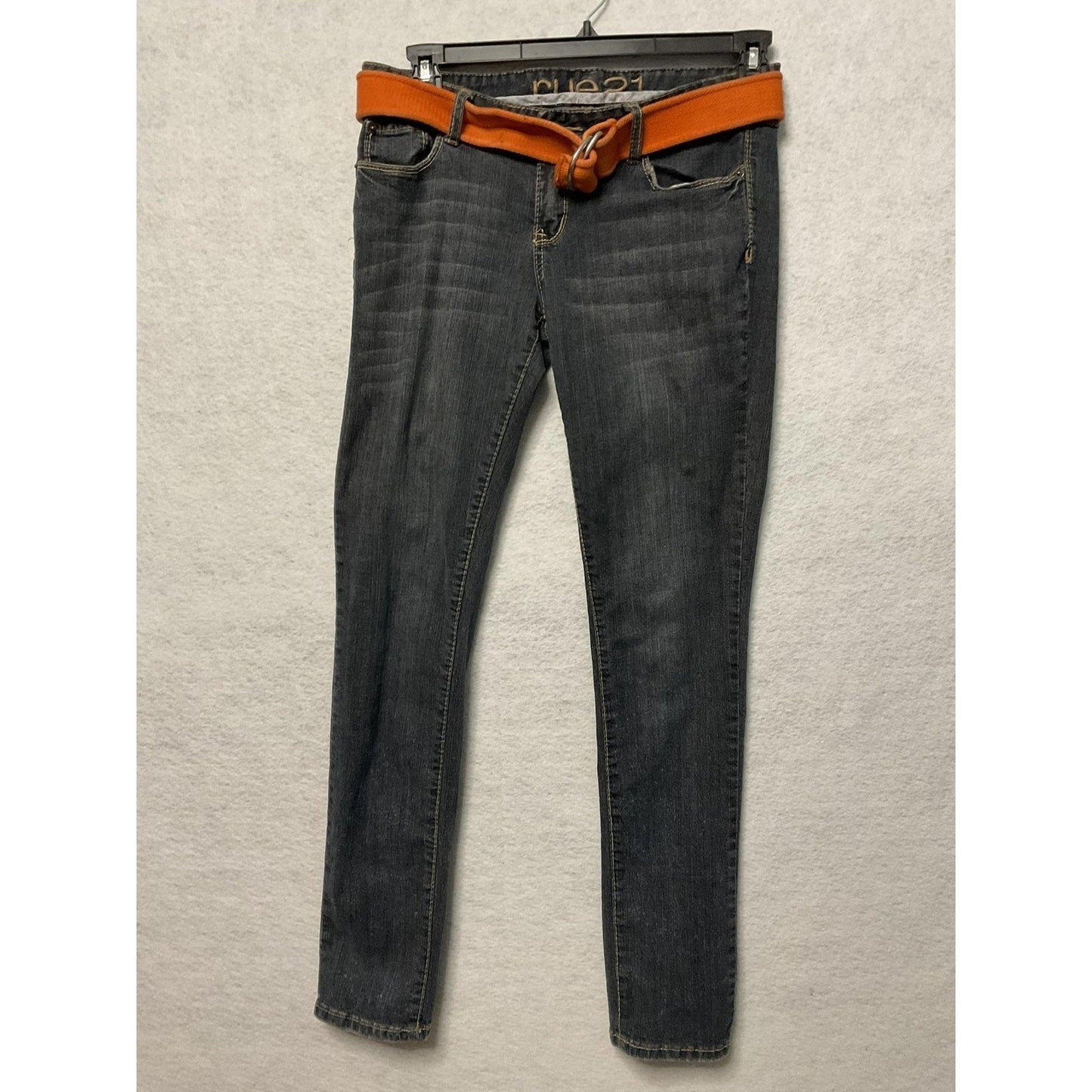 rue21 Jeans Womens 8 Dark Wash Skinny Stretch Low Rise Denim Orange Canvas Belt