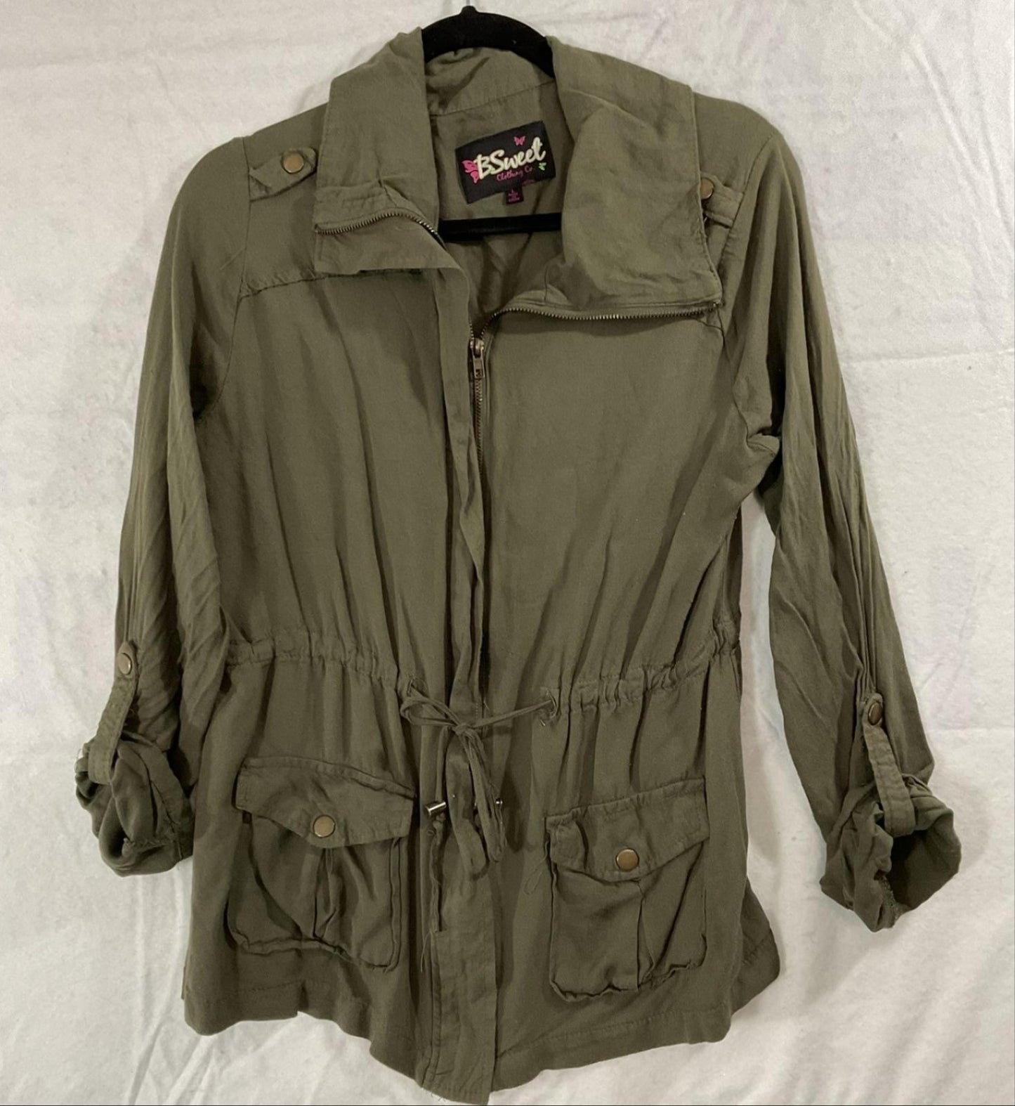 BSweet Jacket Juniors Large Green Anorak Lightweight Zip Drawstring Pockets