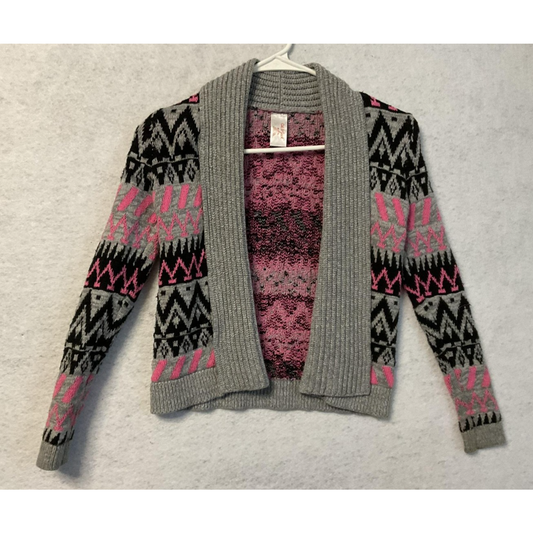 Cat & Jack Sweater Girls Medium 7/8 Gray Pink Open Front Cardigan Aztec Knit