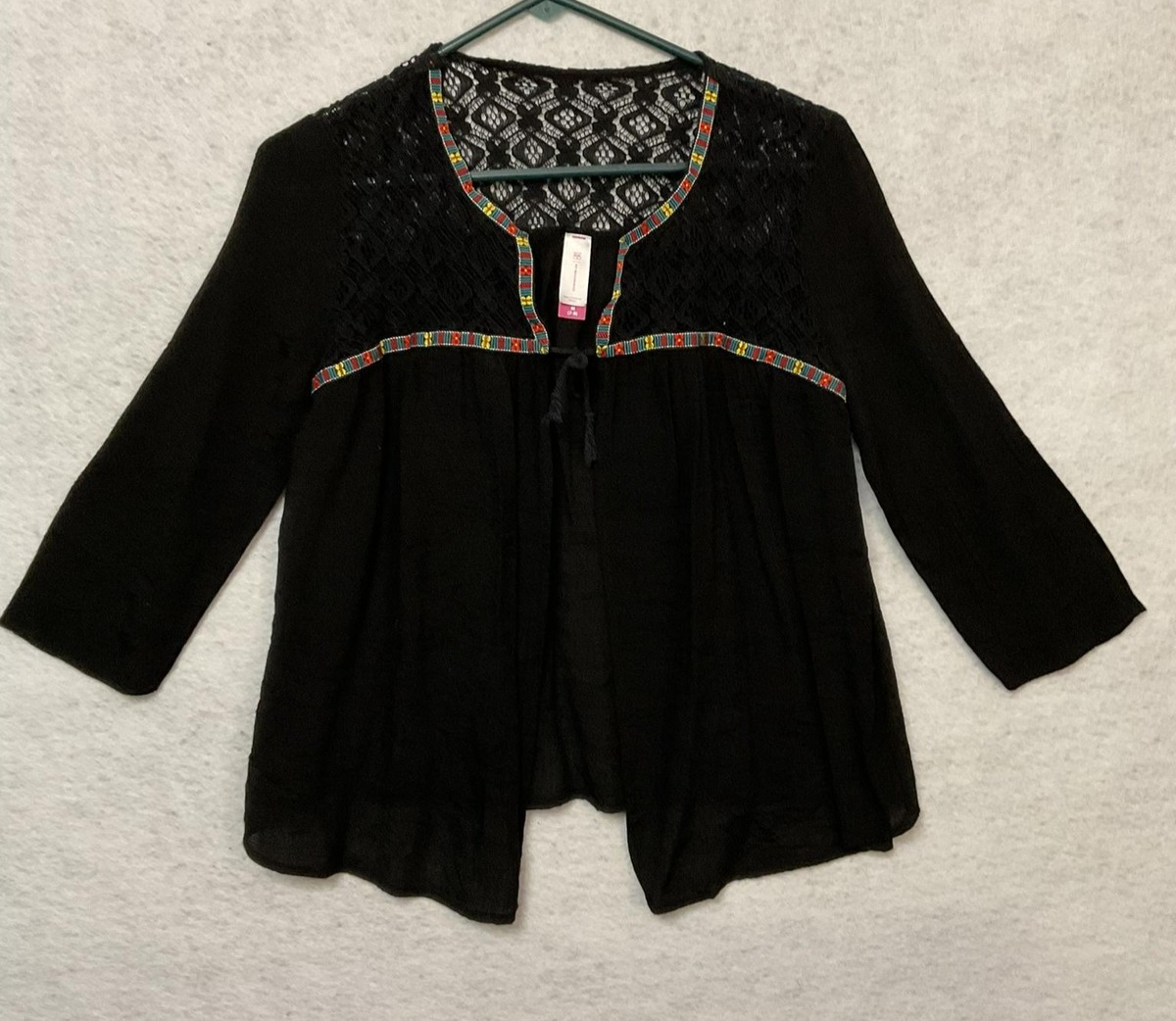 No Boundaries Blouse Juniors M 7-9 Black Lace Yoke Embroidered Tunic Top Boho