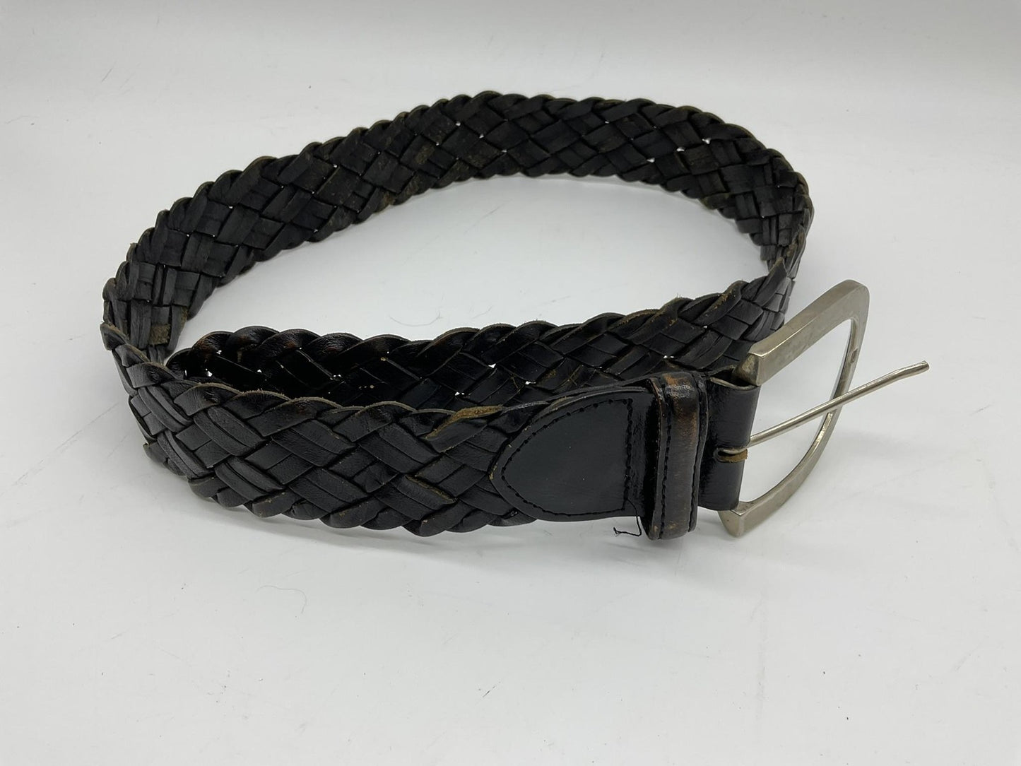 Braided Leather Belt Mens Medium Large Black Solid Brass Buckle Dress Casual