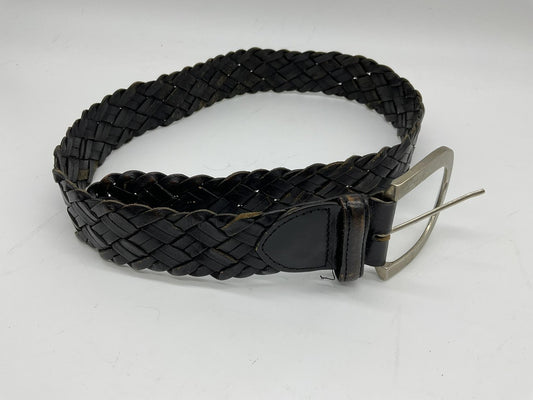 Braided Leather Belt Mens Medium Large Black Solid Brass Buckle Dress Casual