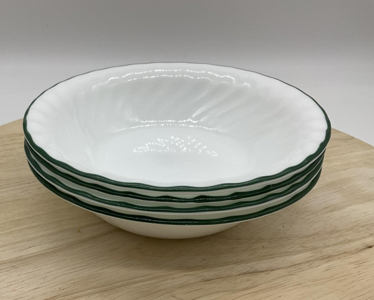 Corelle White Glass Soup Bowls Set Of 4 Green Rim Scalloped Edge USA Kitchen
