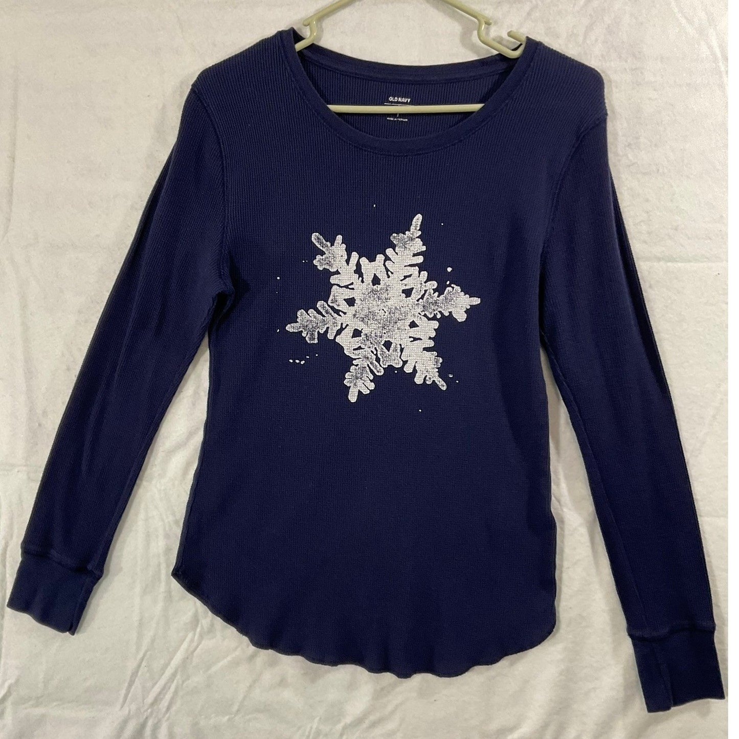 Old Navy Thermal Top Womens Large Navy Blue Silver Snowflake Waffle Knit Shirt