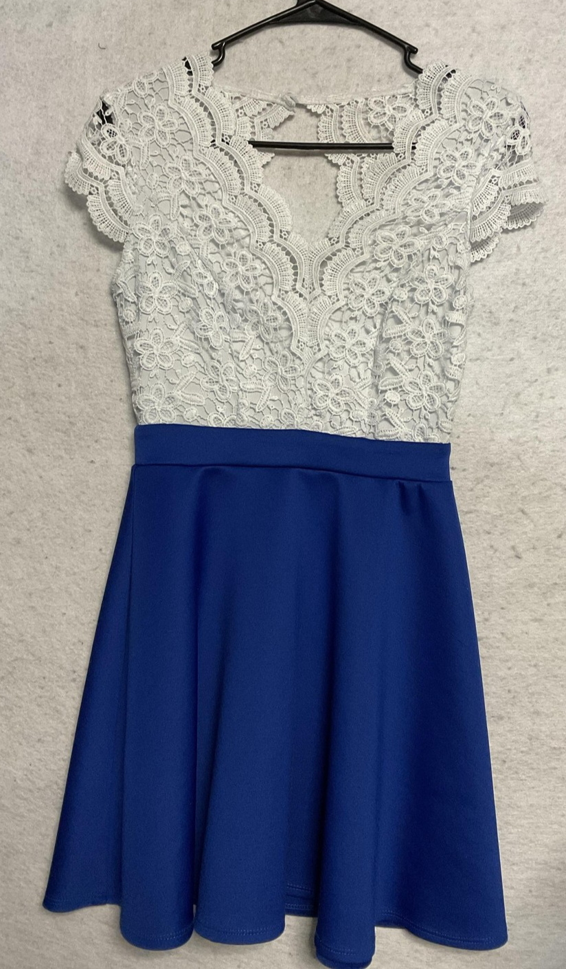 Vintage B. Darlin Dress Juniors 5/6 Blue White Lace Fit Flare Short Skater Party