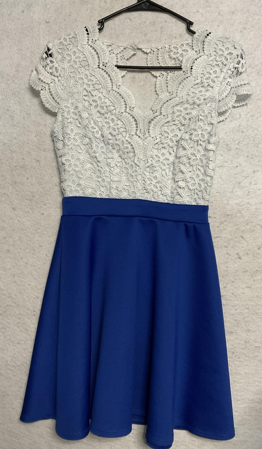 Vintage B. Darlin Dress Juniors 5/6 Blue White Lace Fit Flare Short Skater Party