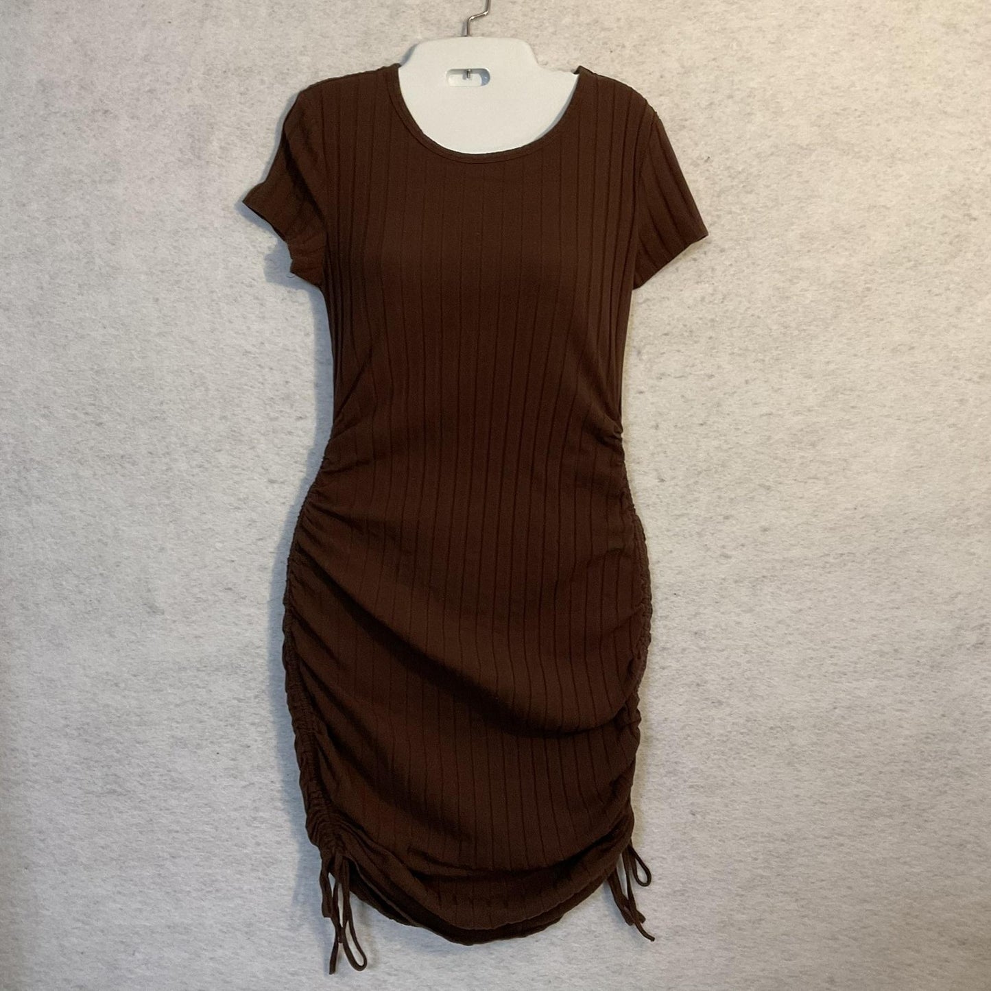 SheIn Dress Womens Large Brown Ruched Ribbed T Shirt Bodycon Knit Knee Length