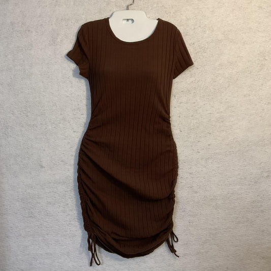 SheIn Dress Womens Large Brown Ruched Ribbed T Shirt Bodycon Knit Knee Length