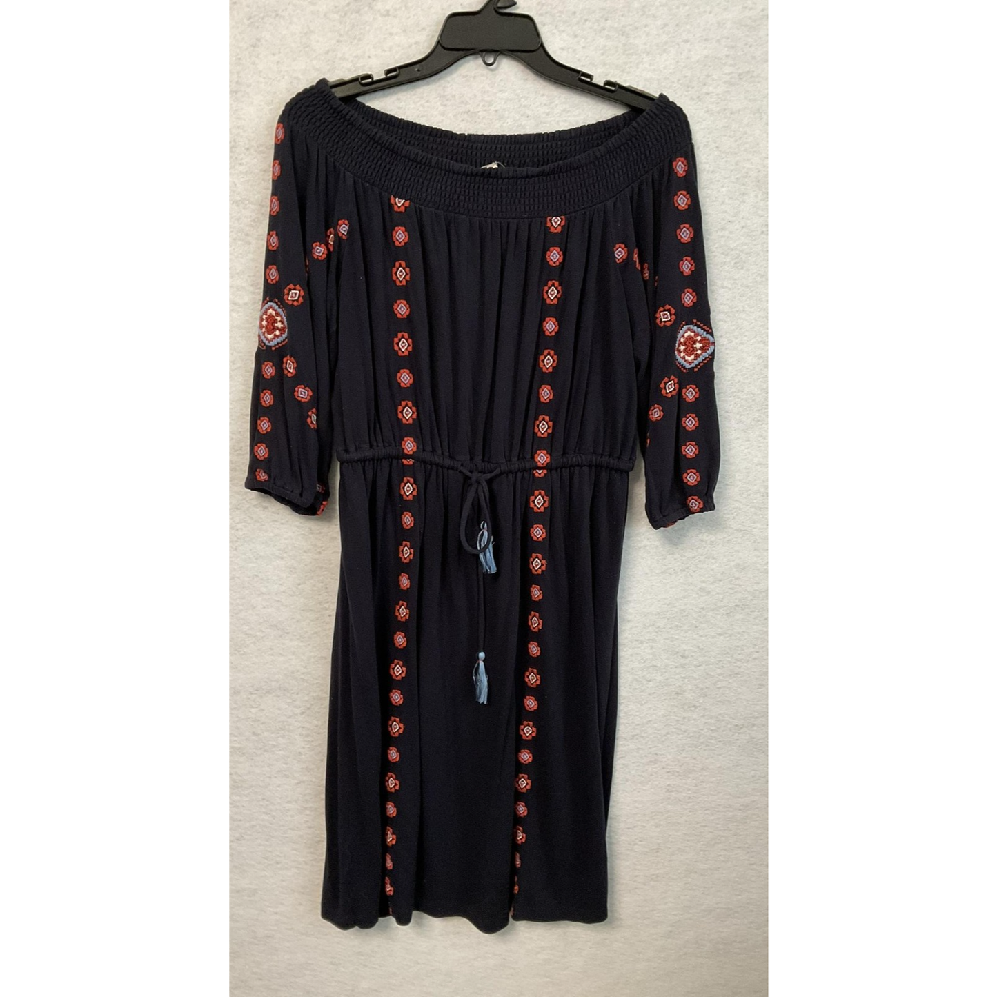 LOFT Dress Womens Medium Navy Off Shoulder Embroidered Boho Tassel Peasant