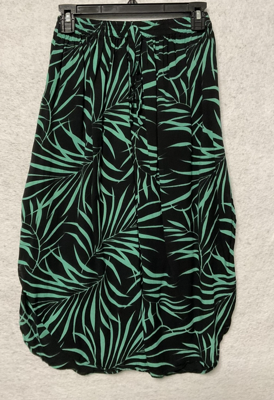 Palm Print Skirt Womens Medium Black Green Bubble Hem Midi Drawstring Waist