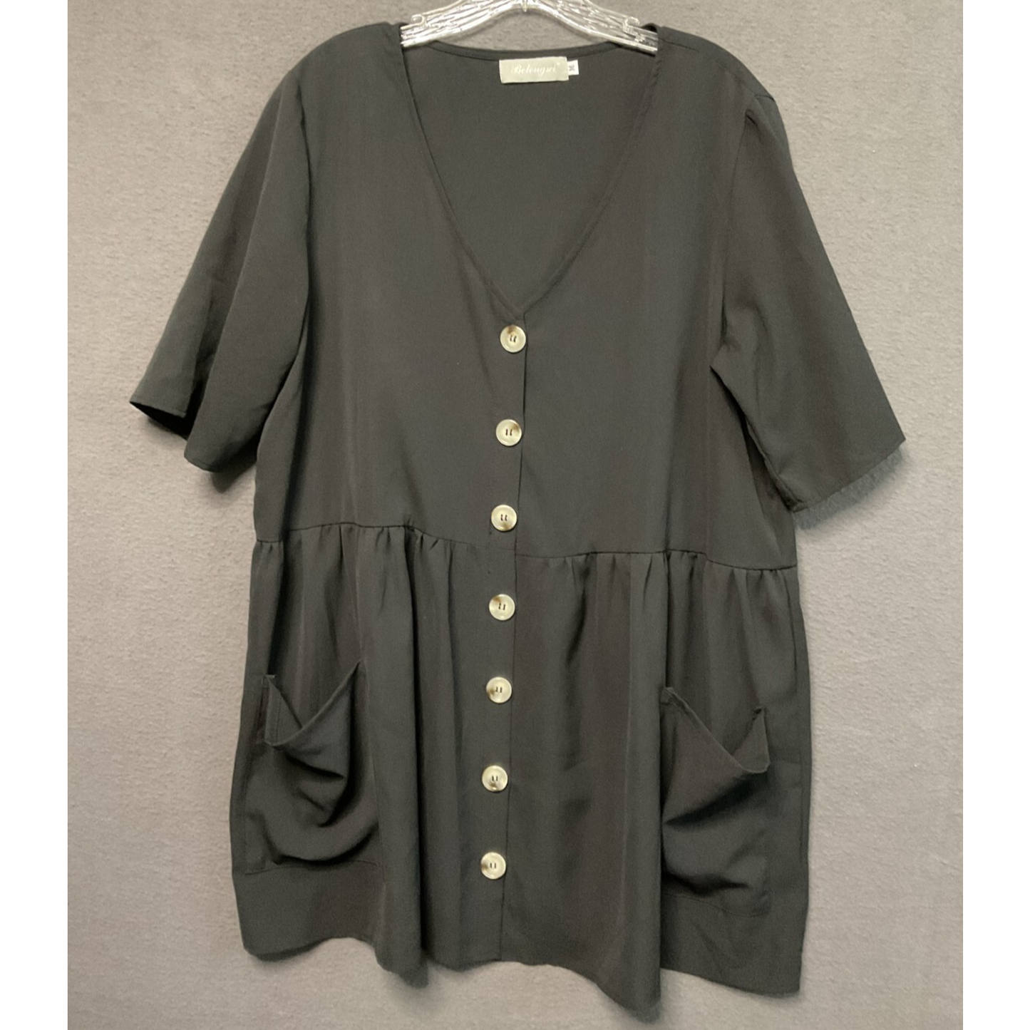 Belongsci Black ButtonFront Babydoll Tunic Drop Waist M Oversized Pockets V-Neck