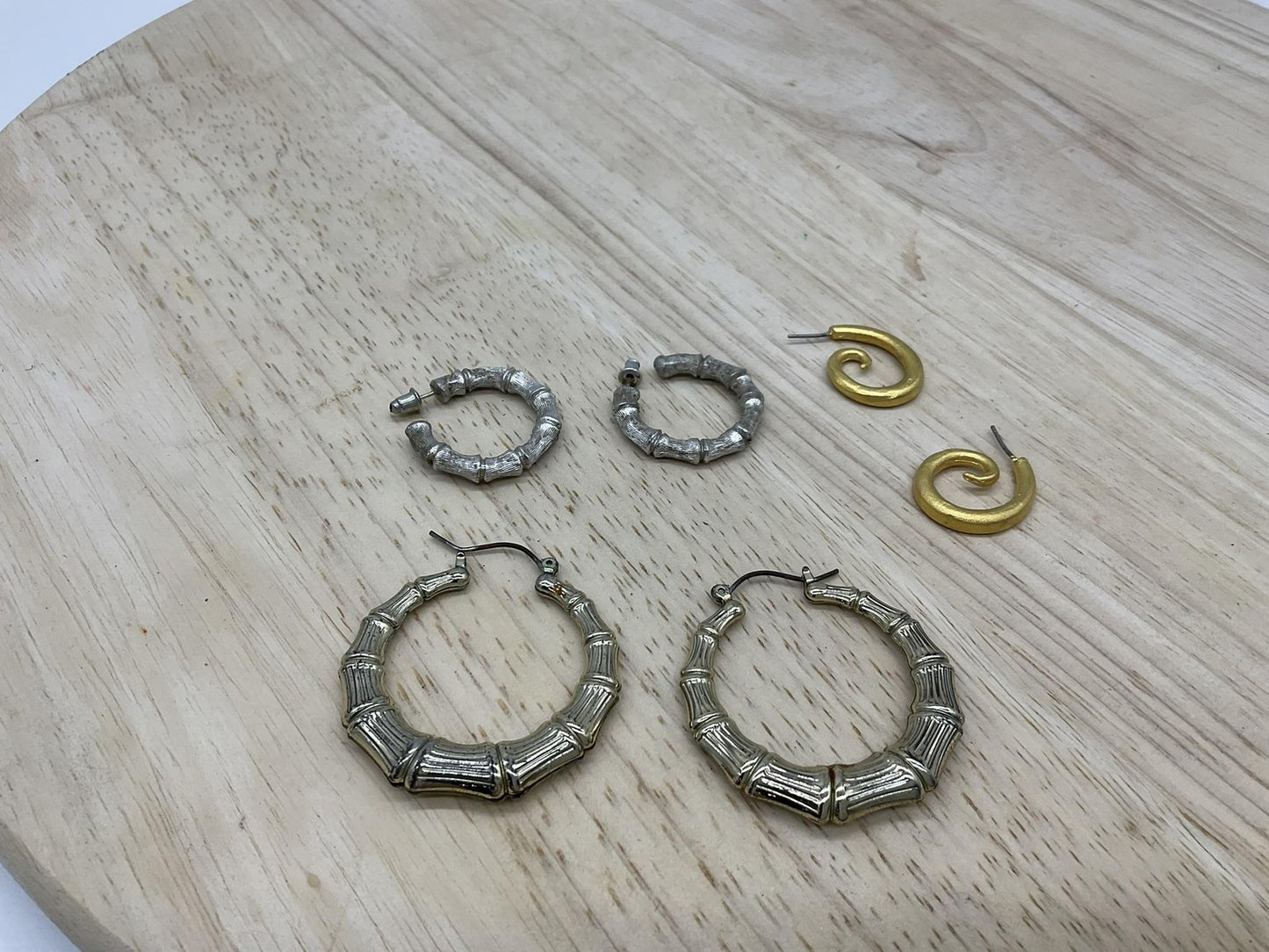 Lot 3 Womens Hoop Earrings Gold Tone Silver Tone Bamboo Spiral Round Multicolor
