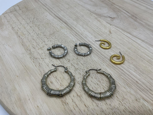 Lot 3 Womens Hoop Earrings Gold Tone Silver Tone Bamboo Spiral Round Multicolor