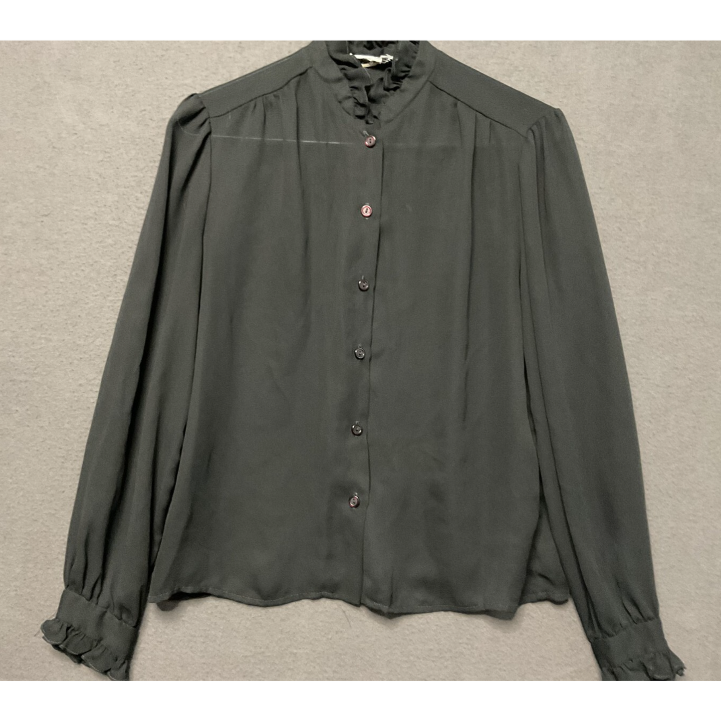 Vintage Sheer Black Long Sleeve Button Front Ruffle Cuff Blouse Career S