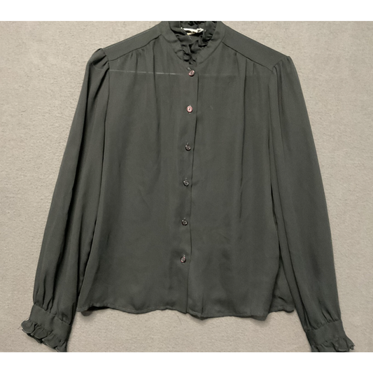 Vintage Sheer Black Long Sleeve Button Front Ruffle Cuff Blouse Career S