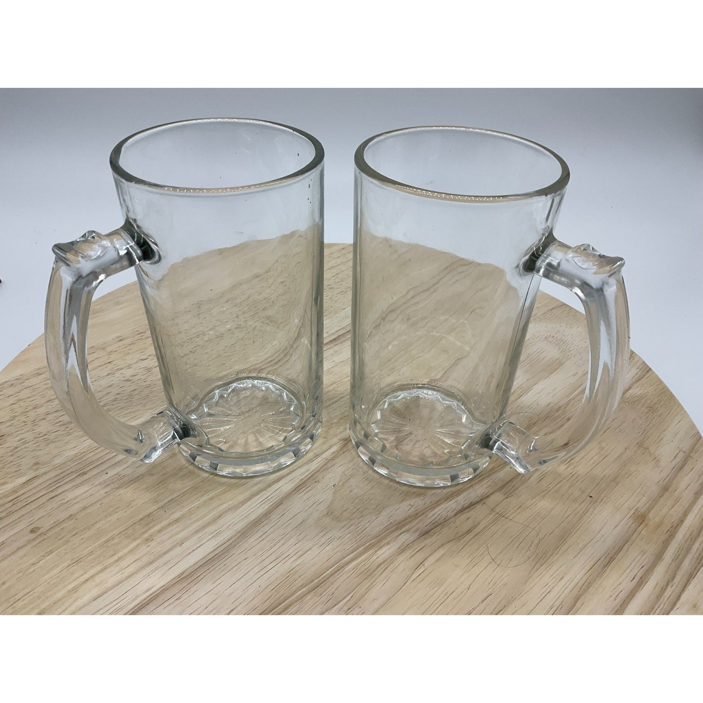 Clear Glass Beer Mugs 2 Pack 6.5" Tall Vintage Retro Heavy Thick Base Handles
