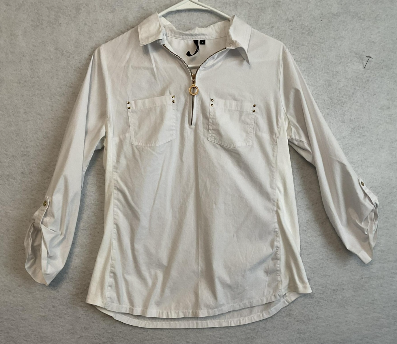 Cathy Blouse Womens Small White Zip Front Roll Tab Sleeve Collared Top