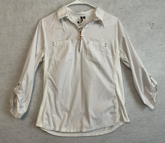 Cathy Blouse Womens Small White Zip Front Roll Tab Sleeve Collared Top