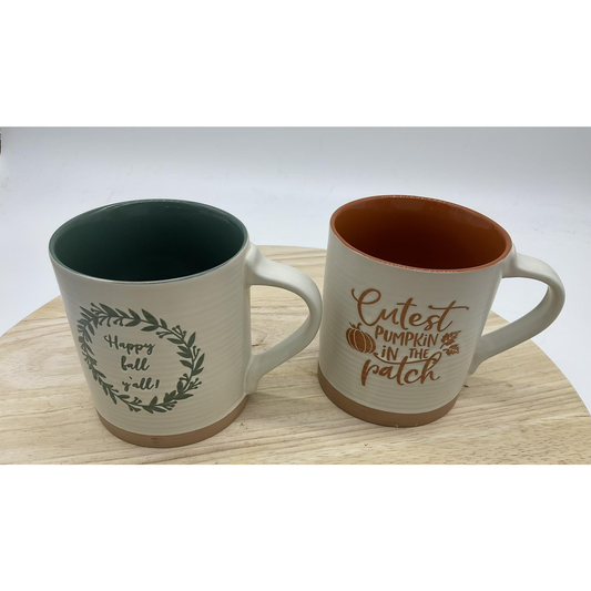 Fall Stoneware Coffee Mugs Set of 2 Happy Fall Y'all Pumpkin Patch Ceramic Fall