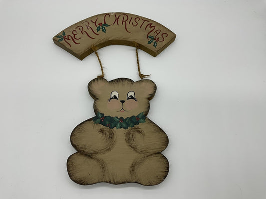 Vintage Handmade Merry Christmas Bear Wood Wall Sign Brown Holiday Decor Plaque
