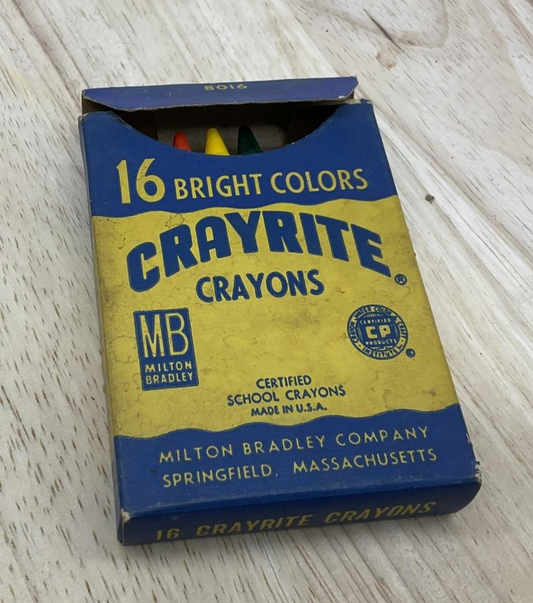 Vintage Milton Bradley Crayrite Crayons 16 Bright Colors Round Box USA School
