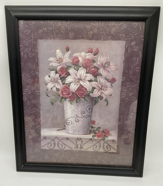 VTG Vivian Flasch Pink White Floral Bouquet Framed Art Print 24x20 Wall Decor