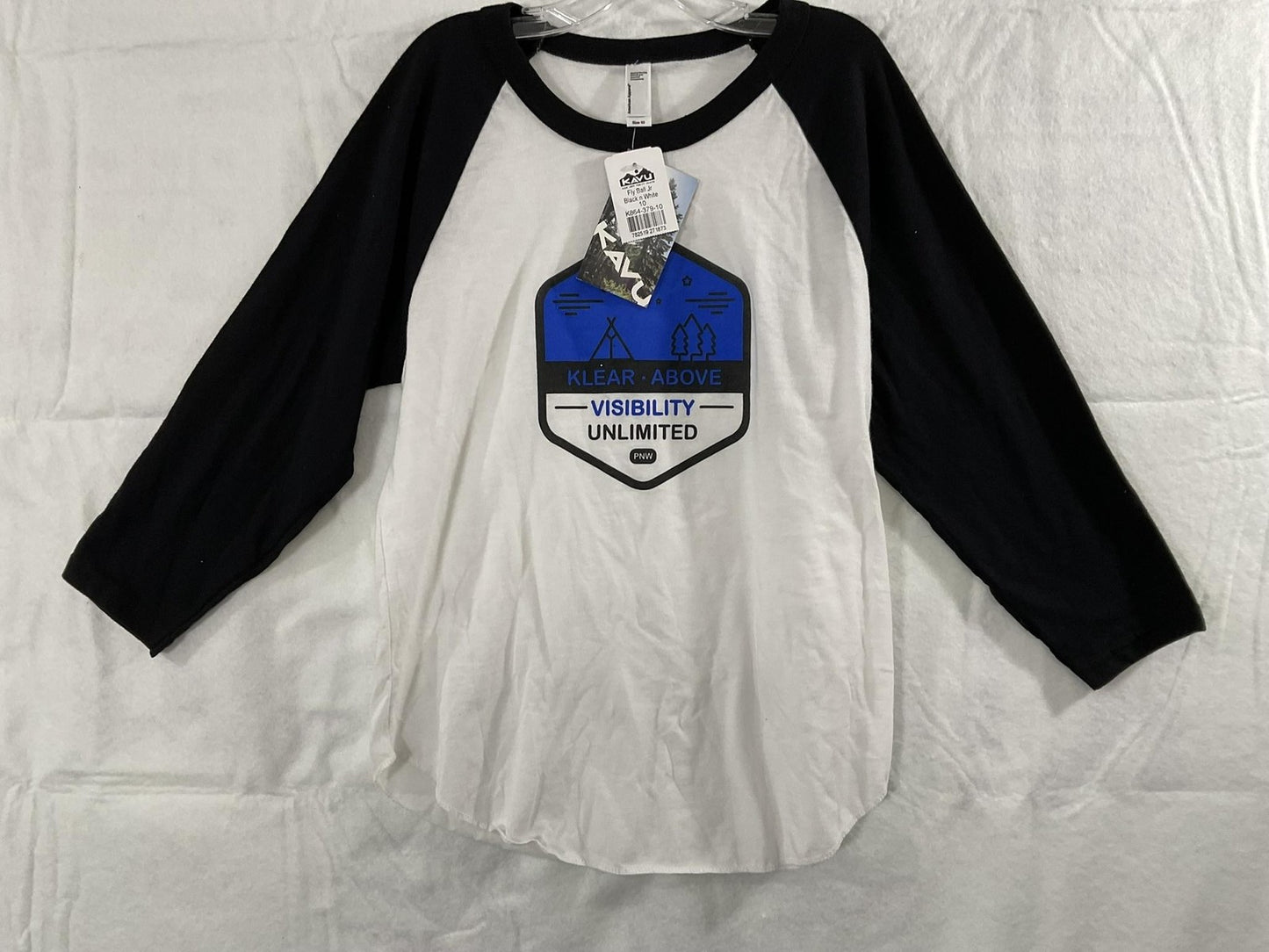 KAVU Shirt Unisex Kids 10 White Black Fly Ball 3/4 Sleeve Baseball Graphic Tee