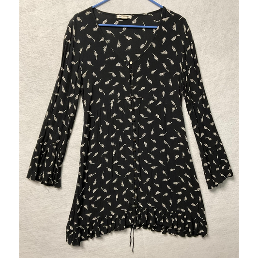 Billabong Dress Womens Large Black Floral Boho Long Sleeve Button Front Viscose