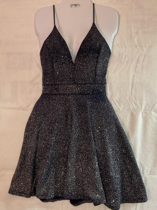 Windsor Dress Womens Medium Black Glitter Fit Flare V Neck Open Back Mini Party