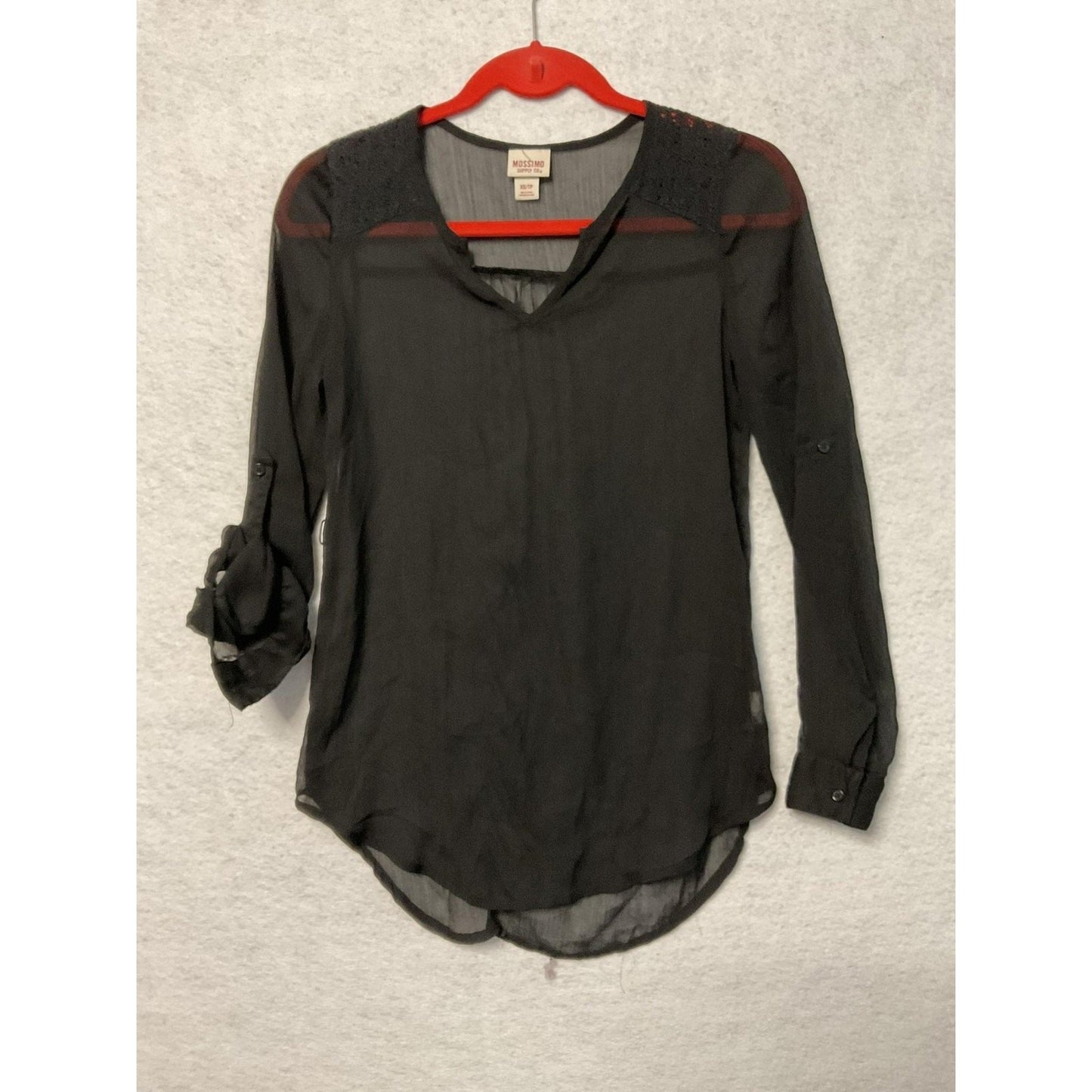Mossimo Supply Co Shirt Womens XS Black Sheer Lace Shoulder Roll Tab Top Blouse