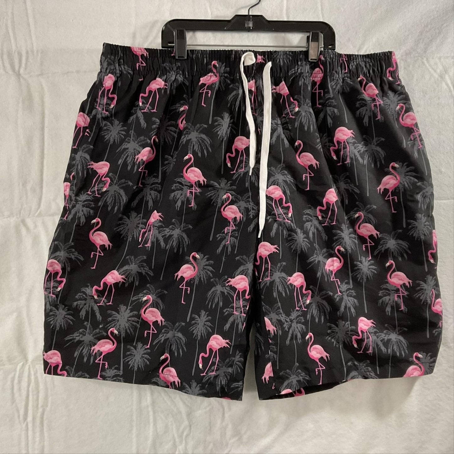 Flamingo Print Shorts Mens 44 Black Tropical Drawstring Elastic Waist Pockets