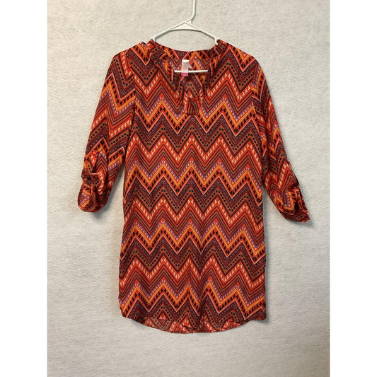 No Boundaries Dress Womens Small Orange Red Chevron Boho Tunic 3/4 Roll Tab