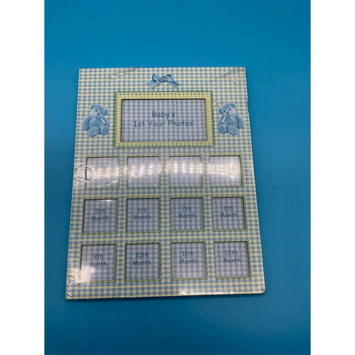 Baby's 1st Year Photo Frame Blue Plaid 12 Month Memory Collage 8.5x11
