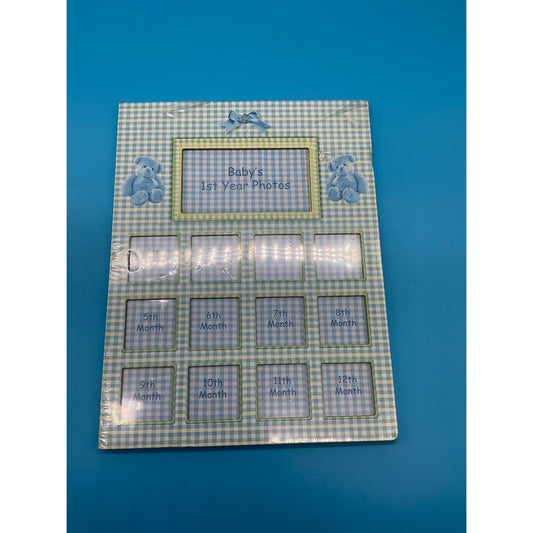 Baby's 1st Year Photo Frame Blue Plaid 12 Month Memory Collage 8.5x11
