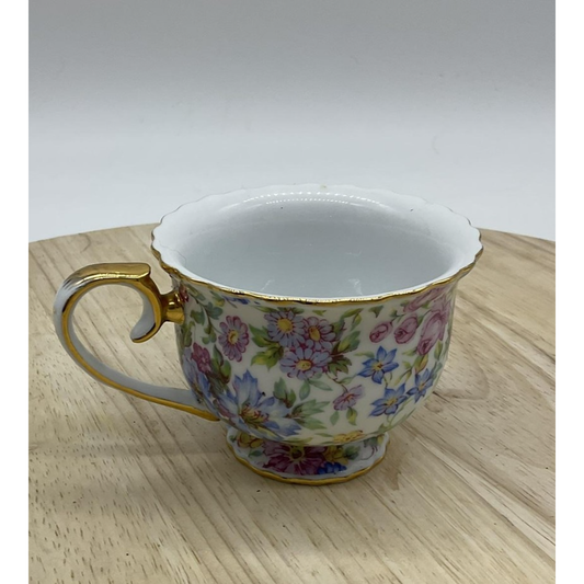 Floral Porcelain Tea Cup Gold Trim Footed Scalloped Rim Multicolor Vintage Retro