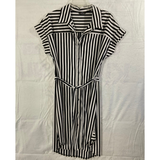 Mlle Gabrielle Shirt Dress Women Large Black White Striped Button Tie Waist Mini
