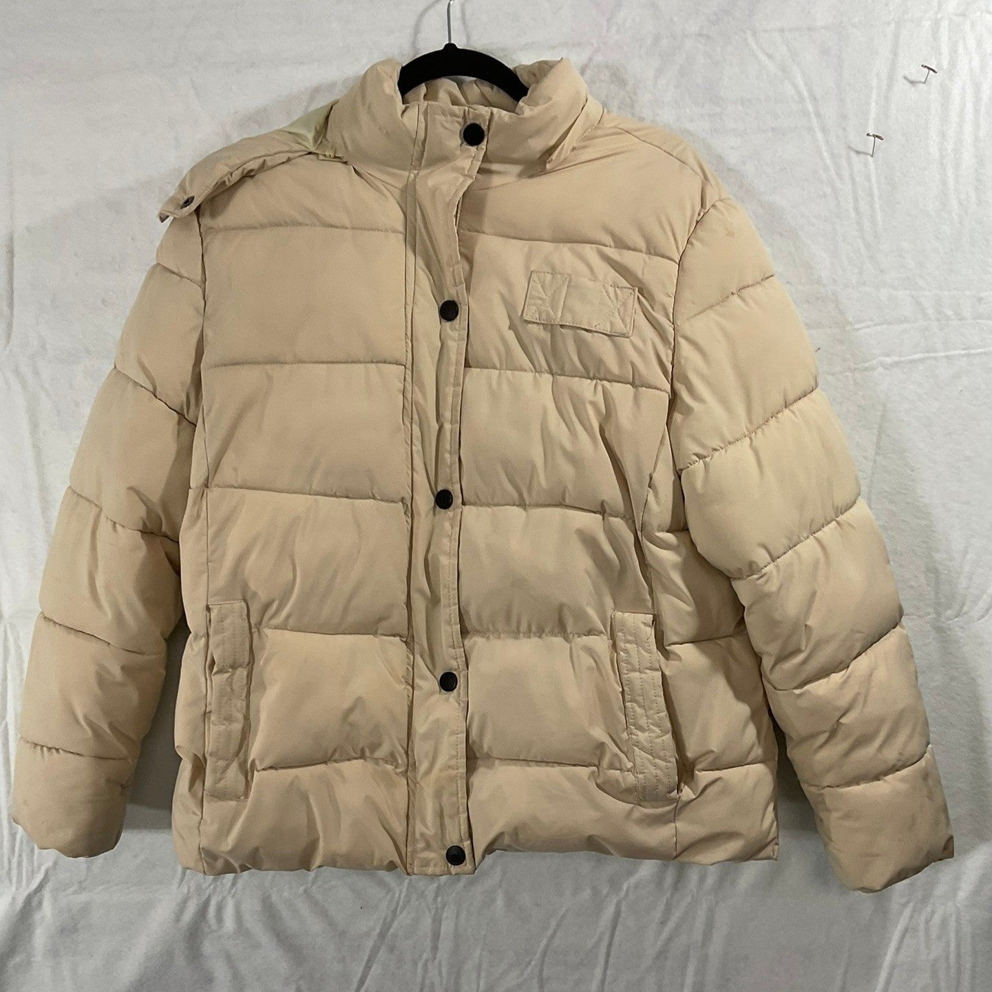 Freshwater Puffer Jacket Women Large Beige Hooded Quilted Winter Coat Warm Parka