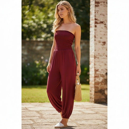 SHEIN Curve Jumpsuit Women 1XL Burgundy Smocked Tie Back Strapless Romper