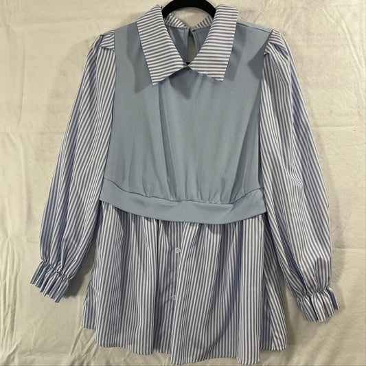 Shein Blouse Womens 1XL Blue Striped Collared Puff Sleeve Tunic Top Plus Size