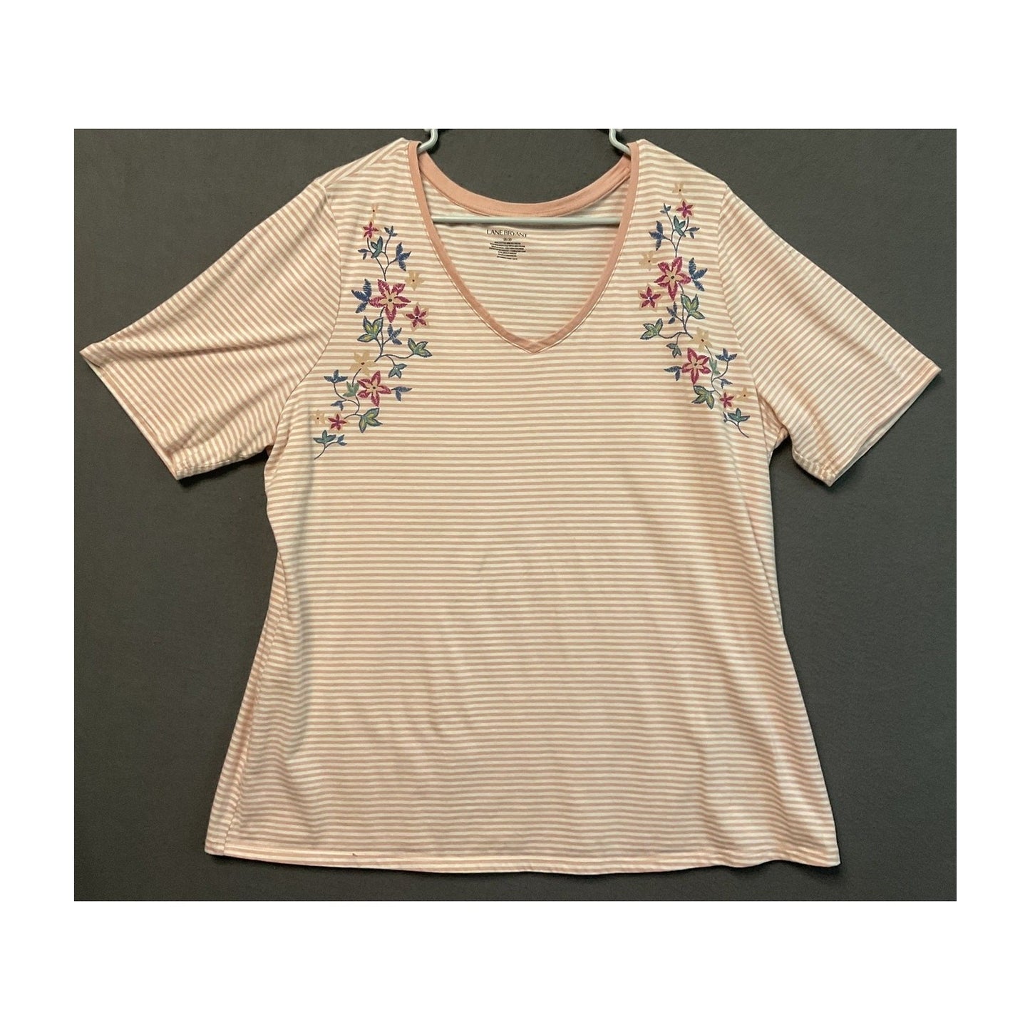 Lane Bryant Shirt Womens 18/20 Pink White Striped Embroidered Floral V Neck Top