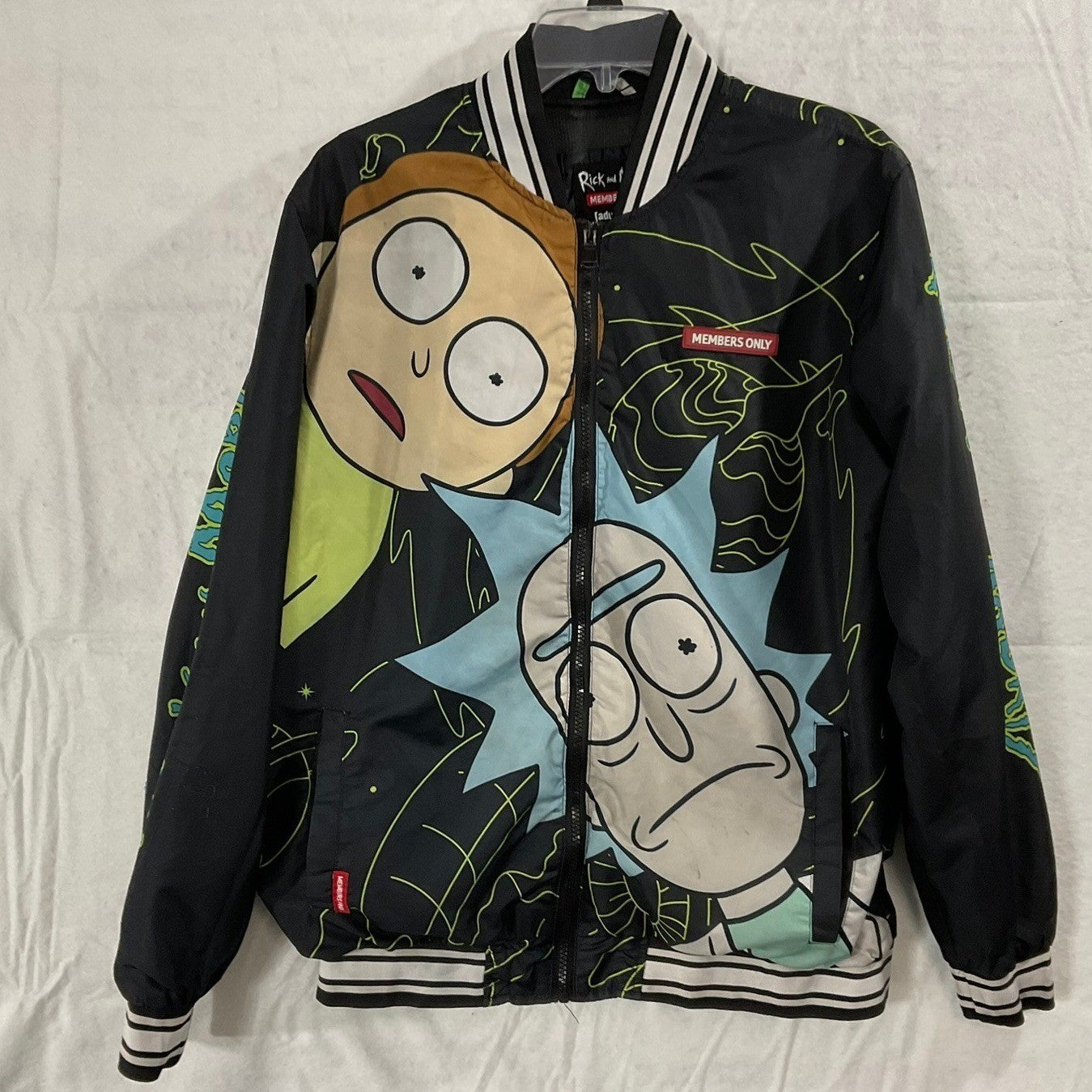 Members Only Rick and Morty Jacket Mens Medium Black Neon Green Bomber Graphic
