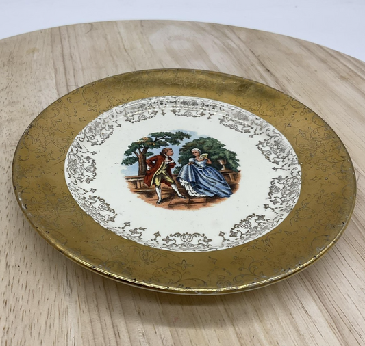 Vintage Sabin Crest-O-Gold Decorative Plate Gold Courting Couple Scene 22K USA