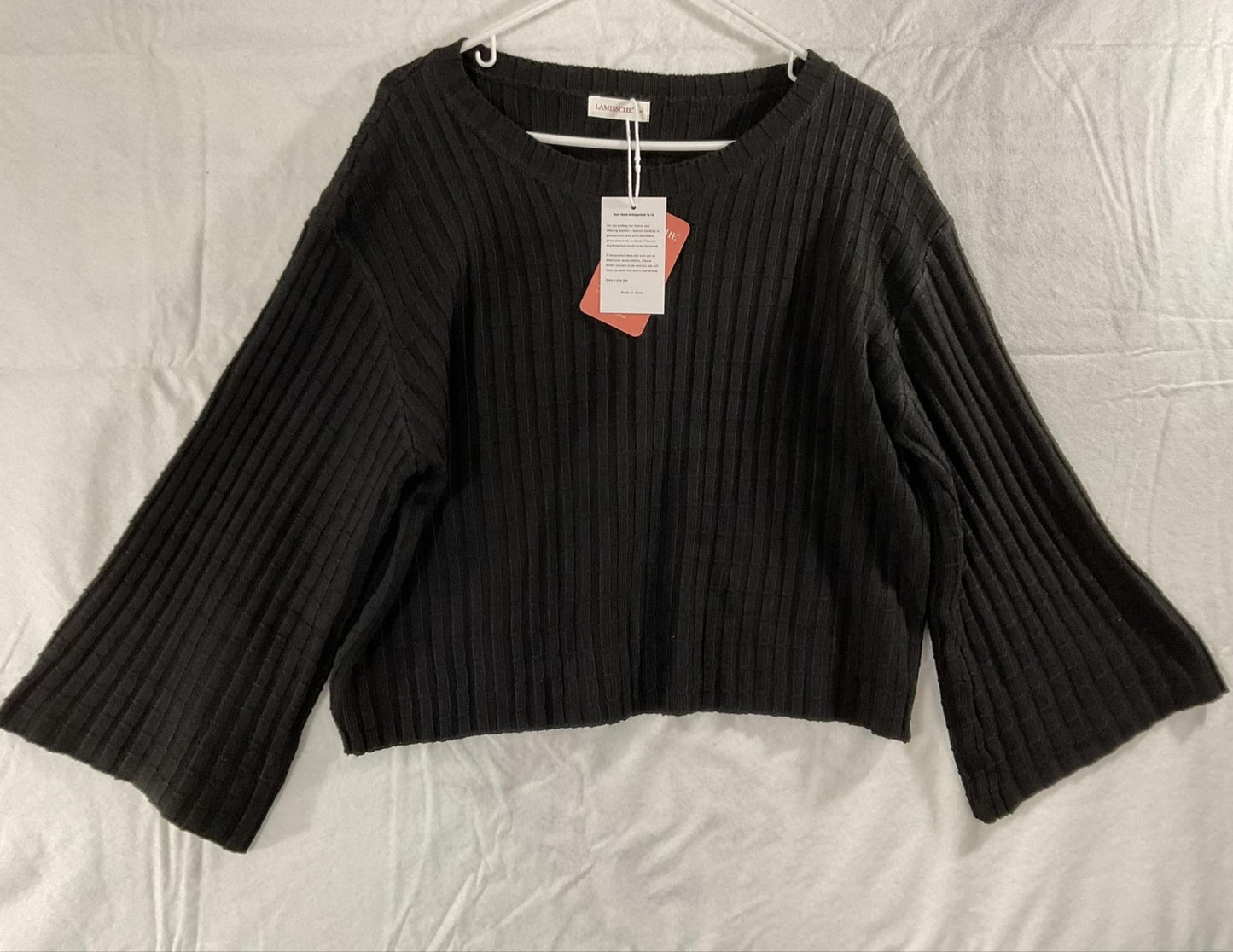 LAMISSCHE Sweater Womens Medium Gray Ribbed Bell Sleeve Relaxed Knit Pullover