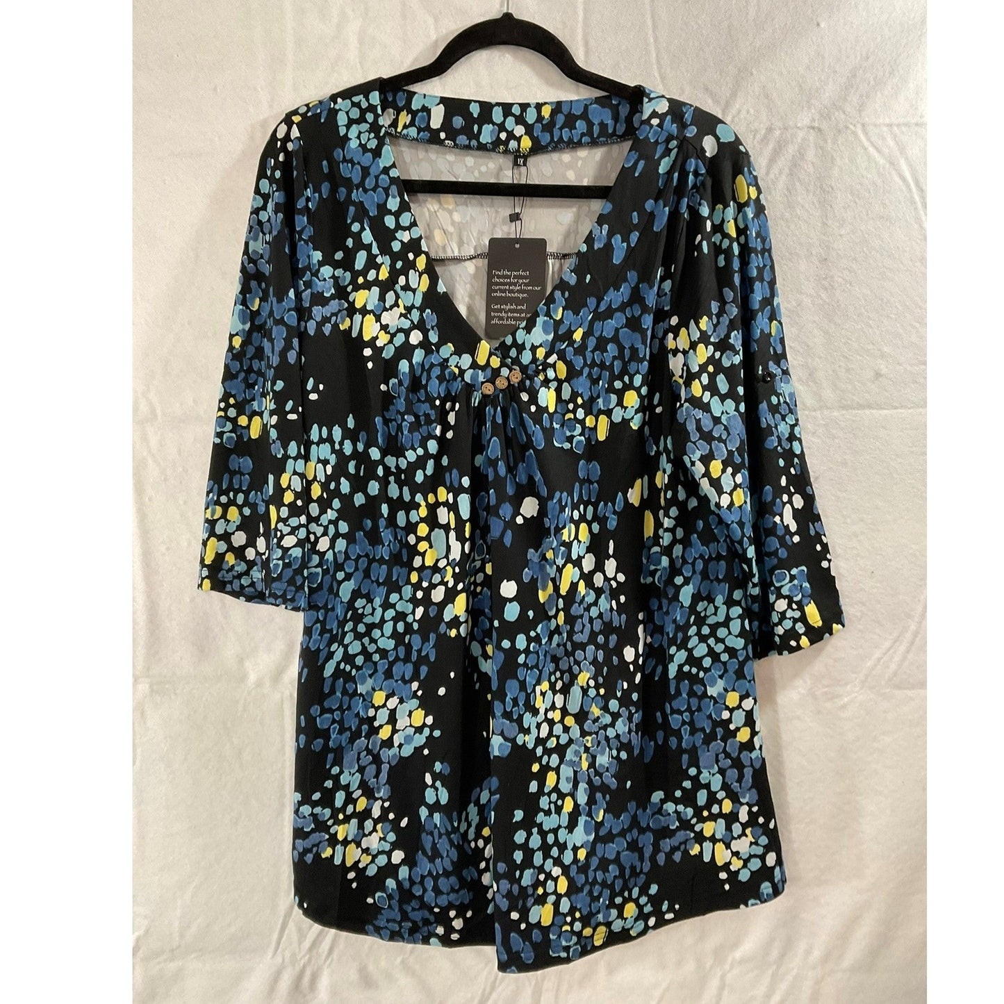 Folunsi Tunic Top Women 1X Black Blue Yellow NWT Abstract Dot V-Neck 3/4 Sleeve