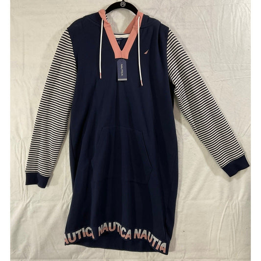 Nautica Hoodie Dress Womens Large Navy Blue Striped Sleeve Logo Hem 07D922 NEW